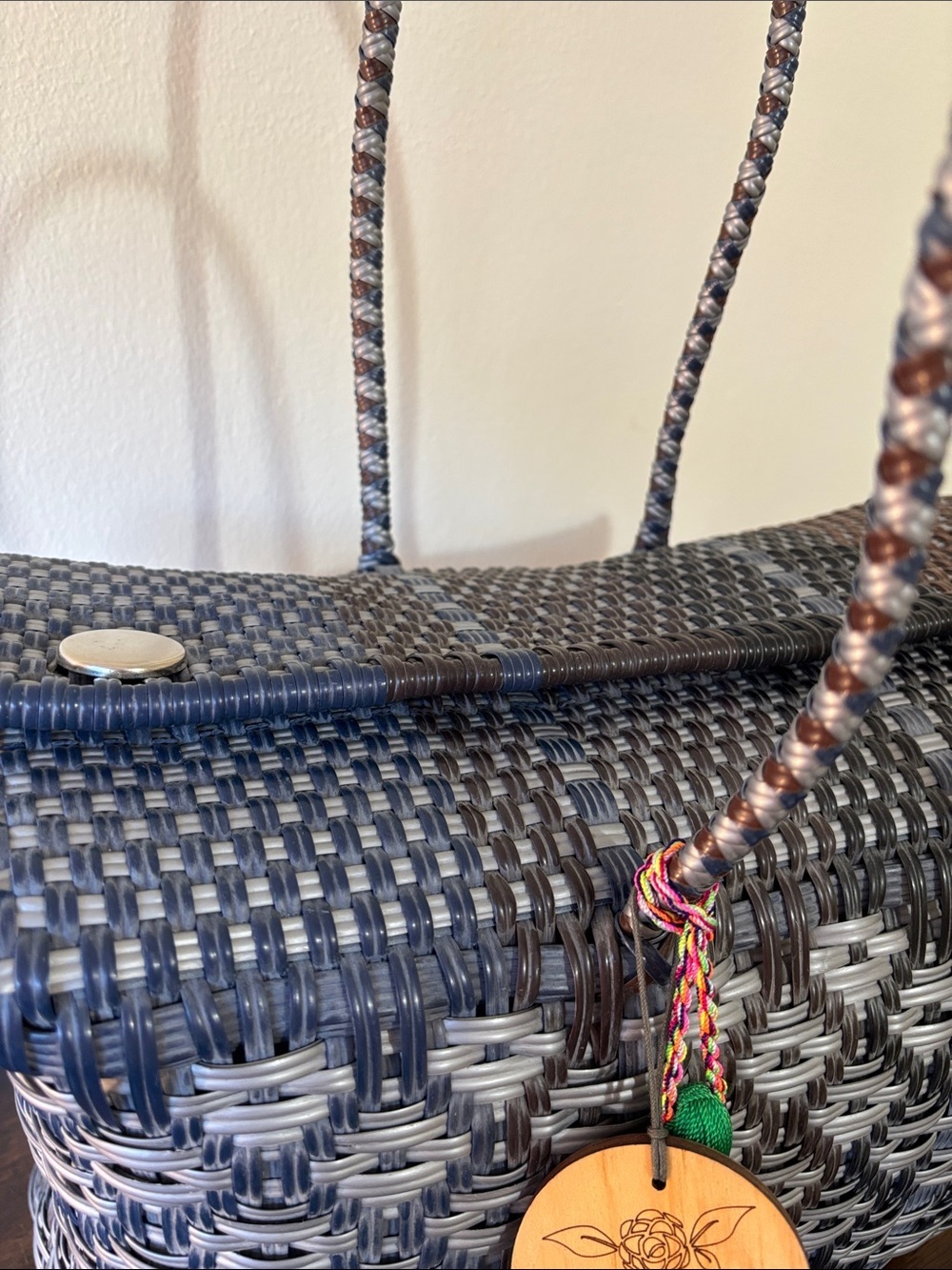 Handwoven Gray and Brown Tote with Green Tassel Charm - Picture 7 of 8